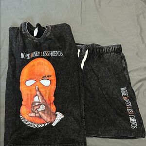 More Money Less Friends Black and Orange Graphic T-Shirt and Shorts Set